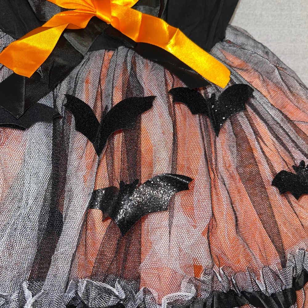 Girls Boutique Pumpkin Bat Halloween Costume Dress Orange Black Tulle Tutu 3T 4T - Picture 2 of 9